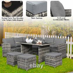 Rattan Garden Furniture 9 Seater Corner Sofa Stool Dining Table Outdoor Set Grey