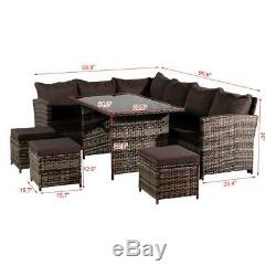 Rattan Garden Furniture Corner Sofa Dining Table Set Stools Bench Grey 9 Seat UK