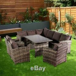 Rattan Garden Furniture Corner Sofa Dining Table Set Stools Bench Grey 9 Seat UK