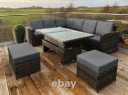 Rattan Garden Furniture Patio Set 10Seat (Cornor Sofa, Bench & Table) Grey