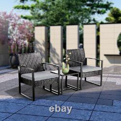 Rattan Garden Furniture Set 3 Pcs Wicker Patio Set Table Chairs WithCushion, Black