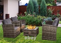 Rattan Garden Furniture Set 4 Piece Outdoor Fire Pit Table Sofa Chairs & Cushion