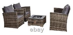 Rattan Garden Furniture Set 4 Piece Outdoor Fire Pit Table Sofa Chairs & Cushion