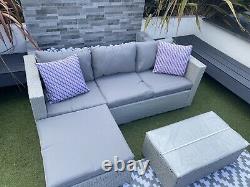 Rattan Garden Furniture Set 4 Seater Grey Cushions Included Corner Sofa Ottoman