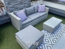 Rattan Garden Furniture Set 4 Seater Grey Cushions Included Corner Sofa Ottoman