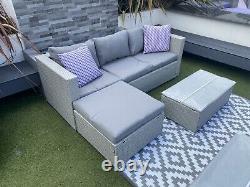 Rattan Garden Furniture Set 4 Seater Grey Cushions Included Corner Sofa Ottoman