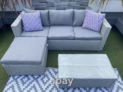 Rattan Garden Furniture Set 4 Seater Grey Cushions Included Corner Sofa Ottoman