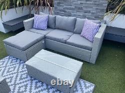 Rattan Garden Furniture Set 4 Seater Grey Cushions Included Corner Sofa Ottoman