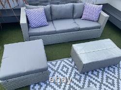 Rattan Garden Furniture Set 4 Seater Grey Cushions Included Corner Sofa Ottoman