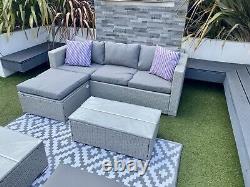 Rattan Garden Furniture Set 4 Seater Grey Cushions Included Corner Sofa Ottoman