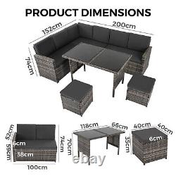 Rattan Garden Furniture Set 8 Seater Corner Sofa Glass Dining Table Dark Grey