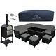 Rattan Garden Furniture Set Black Sofa Table Stools Patio Dining With Pizza Oven