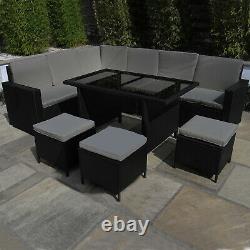 Rattan Garden Furniture Set Black Sofa Table Stools Patio Dining With Pizza Oven