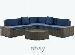 Rattan Garden Furniture Set Corner Sofa Outdoor Patio L-Shape Brown Blue Cushion