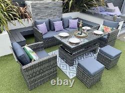 Rattan Garden Furniture Set Rising Glass Top Table Outdoor Grey Cushions Inc