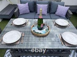 Rattan Garden Furniture Set Rising Glass Top Table Outdoor Grey Cushions Inc