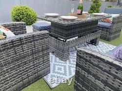 Rattan Garden Furniture Set Rising Glass Top Table Outdoor Grey Cushions Inc