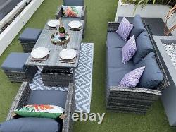 Rattan Garden Furniture Set Rising Glass Top Table Outdoor Grey Cushions Inc