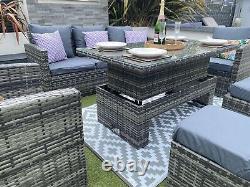 Rattan Garden Furniture Set Rising Glass Top Table Outdoor Grey Cushions Inc