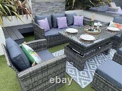 Rattan Garden Furniture Set Rising Glass Top Table Outdoor Grey Cushions Inc