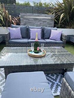 Rattan Garden Furniture Set Rising Glass Top Table Outdoor Grey Cushions Inc