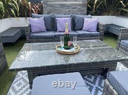 Rattan Garden Furniture Set Rising Glass Top Table Outdoor Grey Cushions Inc