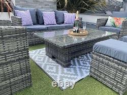 Rattan Garden Furniture Set Rising Glass Top Table Outdoor Grey Cushions Inc