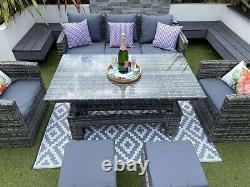 Rattan Garden Furniture Set Rising Glass Top Table Outdoor Grey Cushions Inc