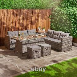 Rattan Garden Furniture Set With Firepit Table Outdoor Patio Sofa 8 Seater Grey