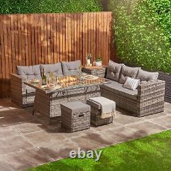 Rattan Garden Furniture Set With Firepit Table Outdoor Patio Sofa 8 Seater Grey