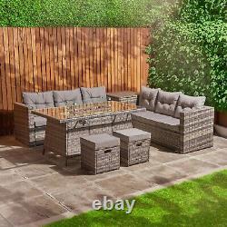 Rattan Garden Furniture Set With Firepit Table Outdoor Patio Sofa 8 Seater Grey