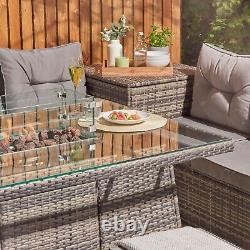 Rattan Garden Furniture Set With Firepit Table Outdoor Patio Sofa 8 Seater Grey