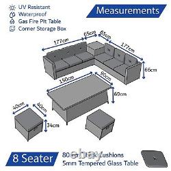 Rattan Garden Furniture Set With Firepit Table Outdoor Patio Sofa 8 Seater Grey