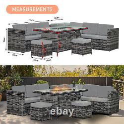 Rattan Garden Furniture Set With Firepit Table Outdoor Patio Sofa 8 Seater Grey