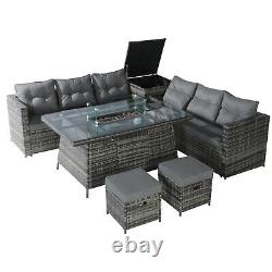 Rattan Garden Furniture Set With Firepit Table Outdoor Patio Sofa 8 Seater Grey