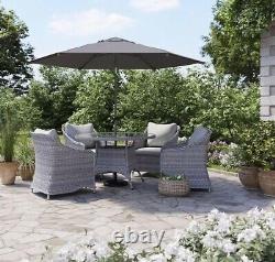 Rattan Garden Furniture Set outdoor 4 Seat Round Glass Table Chairs & Parasol