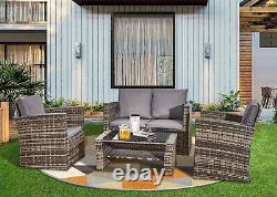 Rattan Garden Furniture Sofa Set 2 Arm Chairs and Table Top Glass