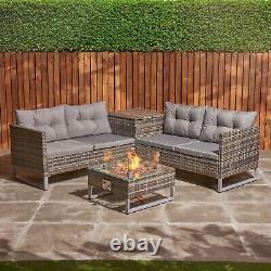 Rattan Garden Furniture With Firepit Table 4 Seater Corner Sofa Patio Outdoor