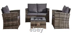 Rattan Sofa 4 Piece Garden Furniture Set with Gas Fire Pit Table Indoor/Outdoor