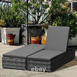 Rattan Sun Loungers set of 2 with Cushion, 4-Level Recliner Garden Furniture, Grey