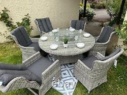 Rattan garden furniture firepit Round Table & reclining chairs patio Dining set