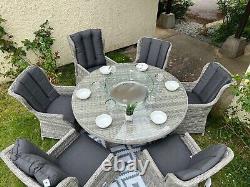 Rattan garden furniture firepit Round Table & reclining chairs patio Dining set