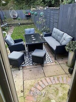 Ratten garden furniture 3 Seater Sofa 2 Single Chairs 2 X Stools Grey Cushions