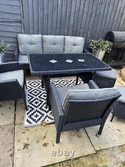 Ratten garden furniture 3 Seater Sofa 2 Single Chairs 2 X Stools Grey Cushions