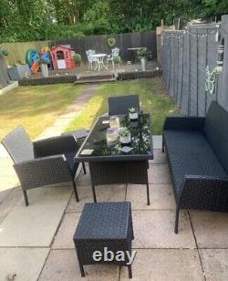 Ratten garden furniture 3 Seater Sofa 2 Single Chairs 2 X Stools Grey Cushions