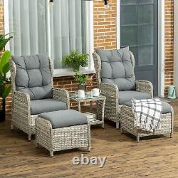 Recliner Rattan Garden Furniture with Two-tier Glass Top Table & Cushions, Grey