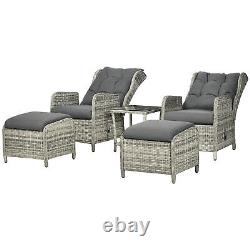 Recliner Rattan Garden Furniture with Two-tier Glass Top Table & Cushions, Grey