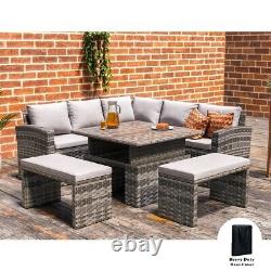 Rosen Rattan Garden Furniture 9 Seater Corner Sofa Rising Table Set 2 Benches