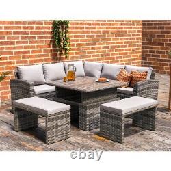 Rosen Rattan Garden Furniture 9 Seater Corner Sofa Rising Table Set 2 Benches