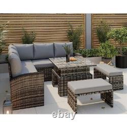 Rosen Rattan Garden Furniture 9 Seater Corner Sofa Rising Table Set 2 Benches